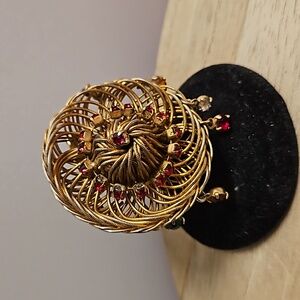 Vintage goldtone sombrero rhinestone embellished brooch multicolored dangles